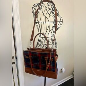 Plaid Leather Trim Tote Bag